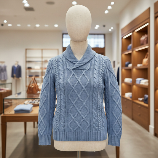 Organic Cotton Blue Cable Knit Shawl Collar Sweater