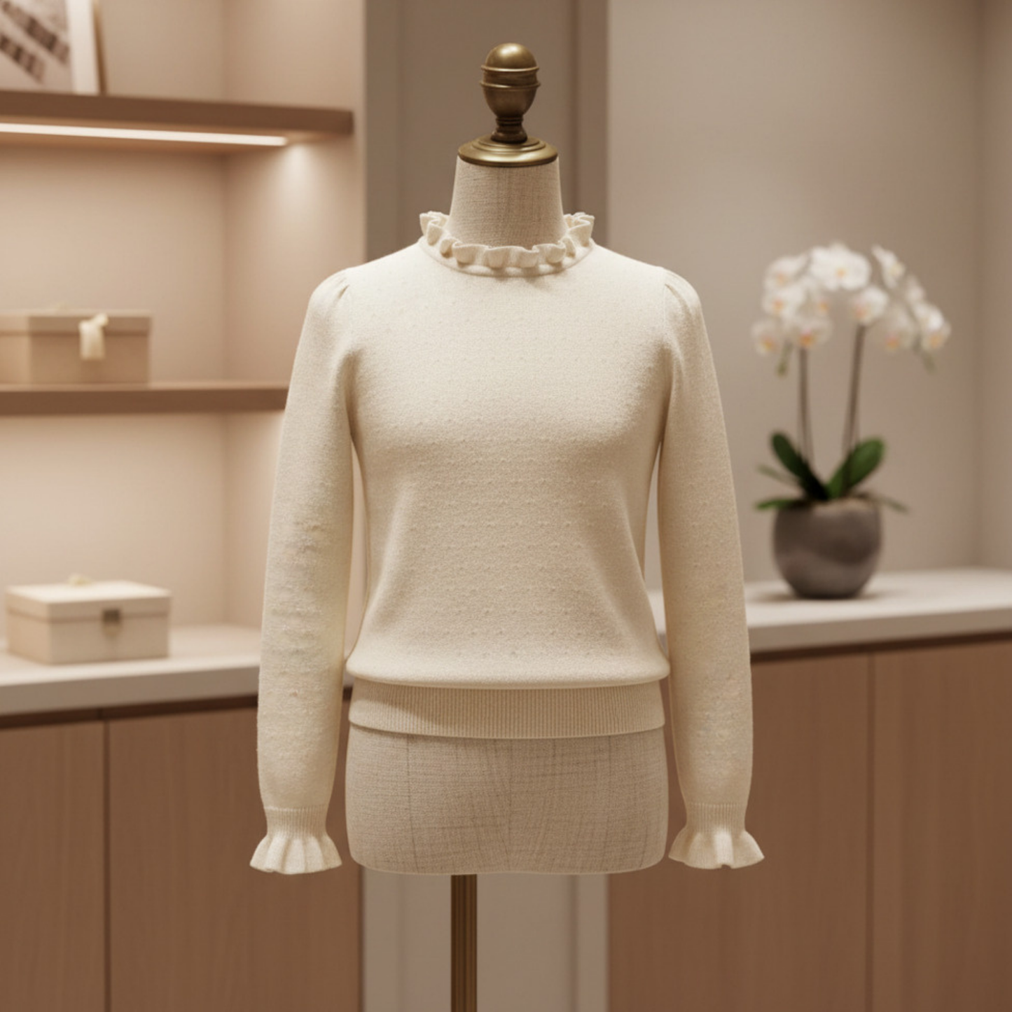 Organic Cotton Neutral Ruffle Edge Knit Sweater