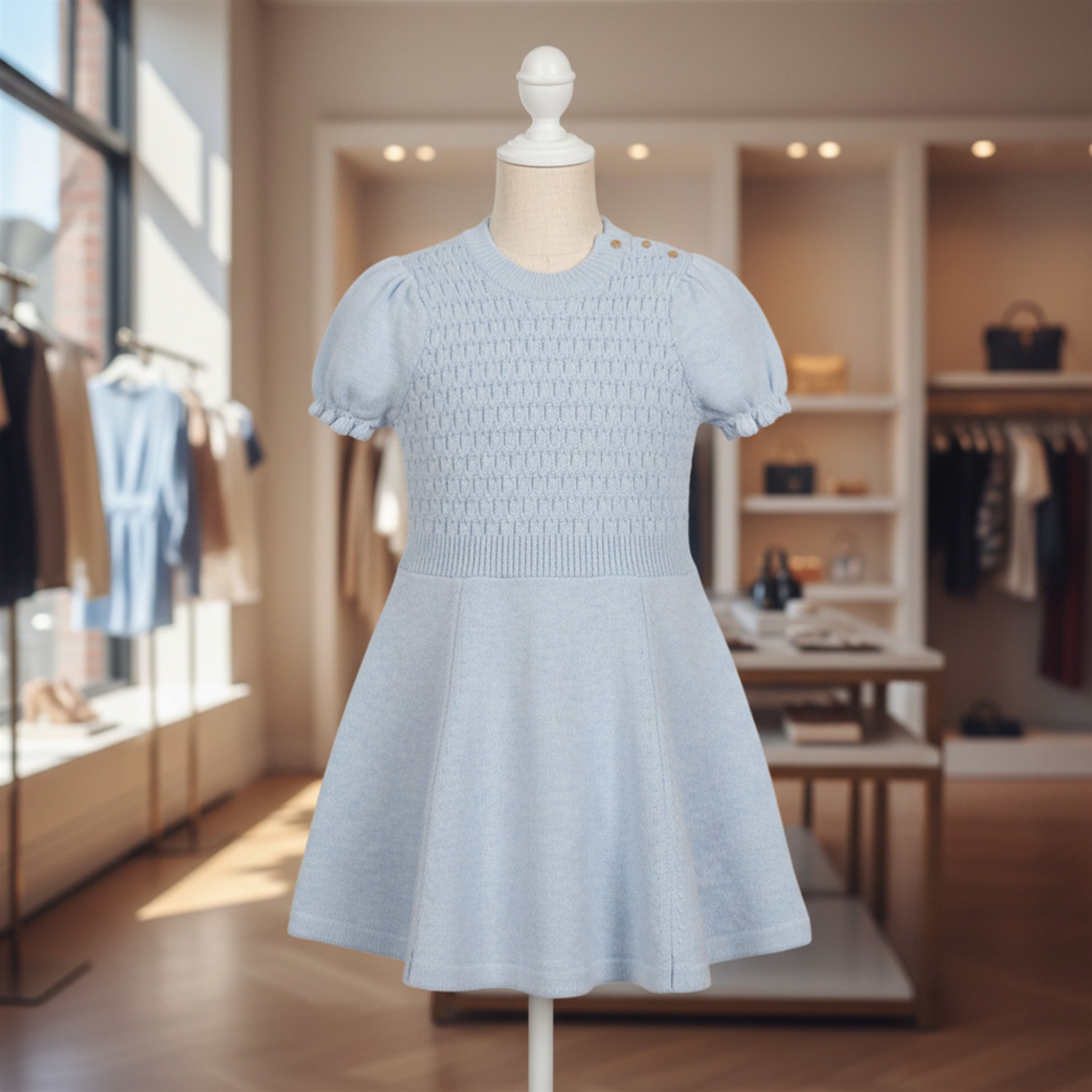 Organic Cotton Blue Puff Sleeve Sweater Dress