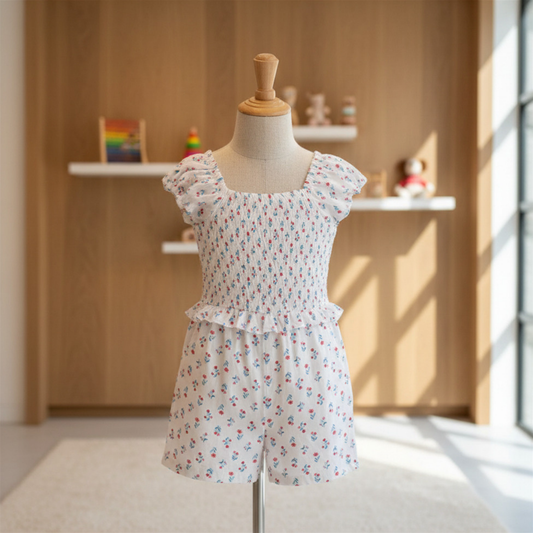 Organic Cotton Floral Puff Sleeve Smocked Romper