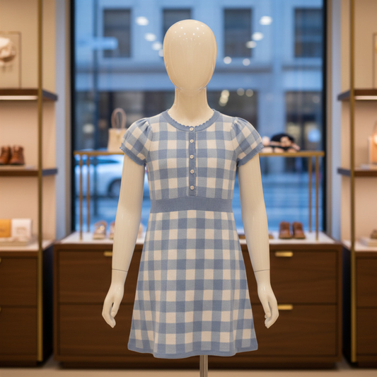 Organic Cotton Blue & White Plaid Button Front Sweater Dress