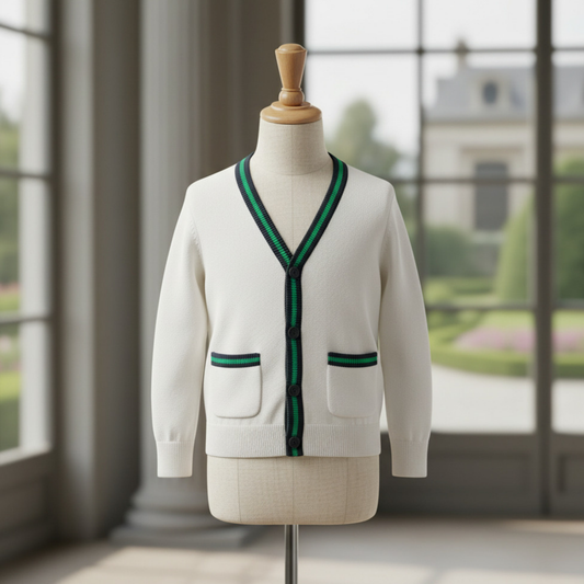 Organic Cotton White & Green V-Neck Tipped Cardigan