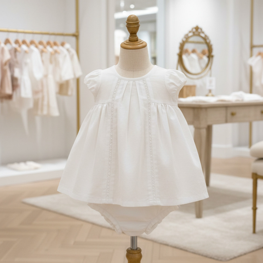Special Occasion Organic Linen Cotton White Pintuck Dress