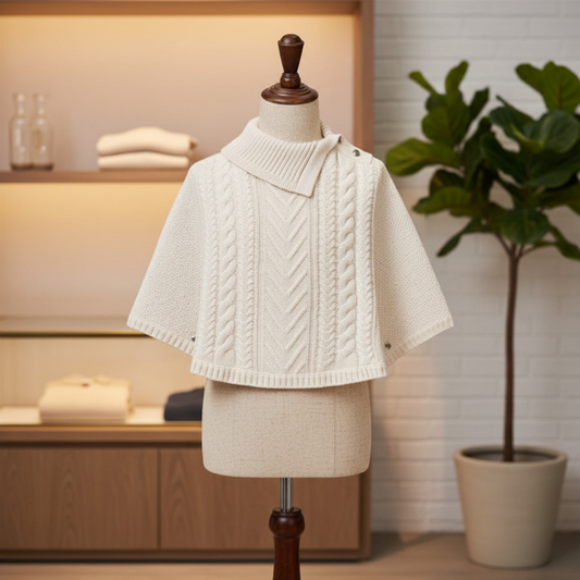 Organic Cotton White Cable Knit Split Collar Sweater Cape - Baby