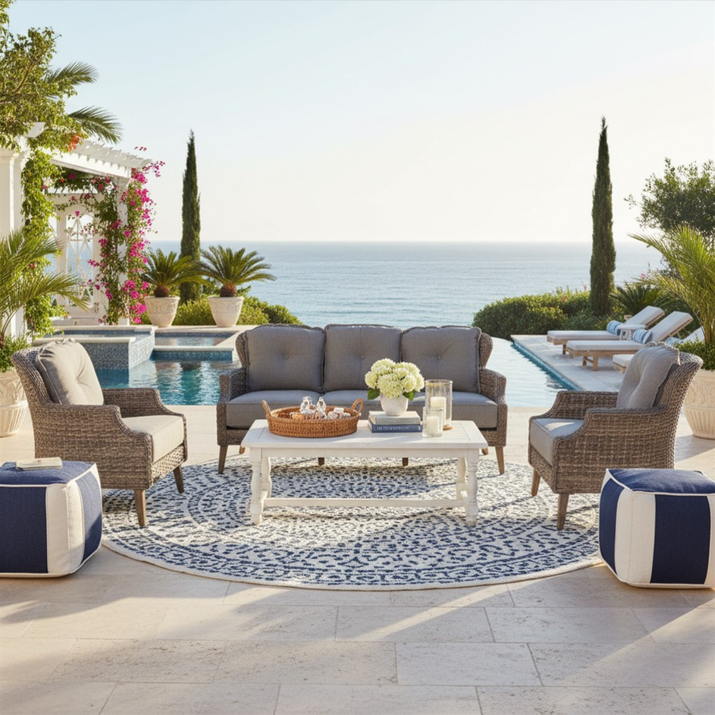 The Tenaya 3-Piece Wicker Rattan Luxury Outdoor Sofa Set with Stationary Chairs