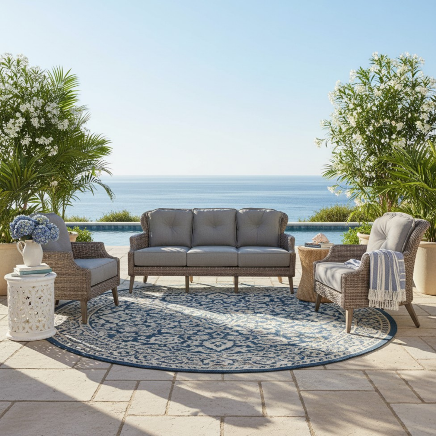 The Tenaya 3-Piece Wicker Rattan Luxury Outdoor Sofa Set with Stationary Chairs