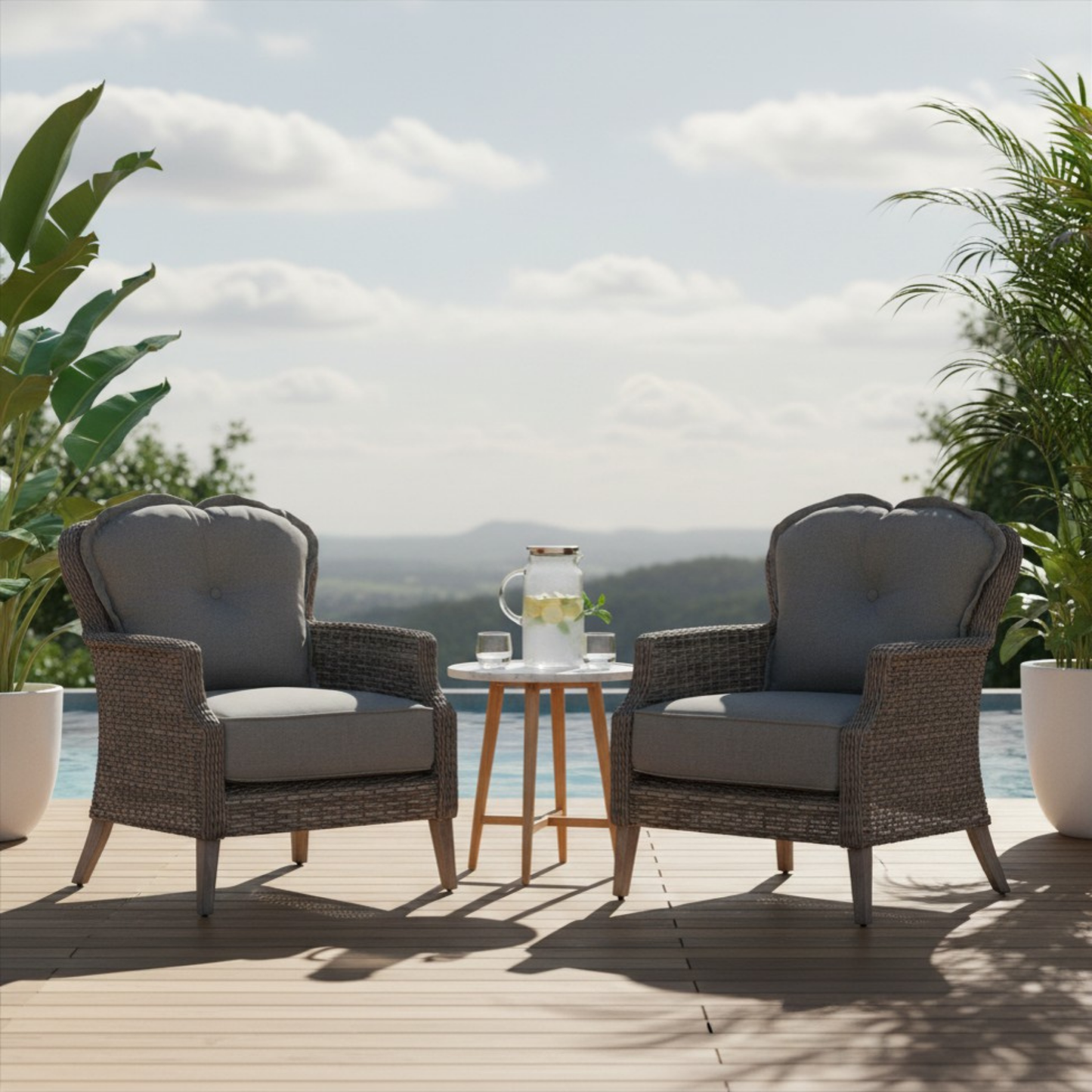 The Tenaya 3-Piece Wicker Rattan Luxury Outdoor Sofa Set with Stationary Chairs