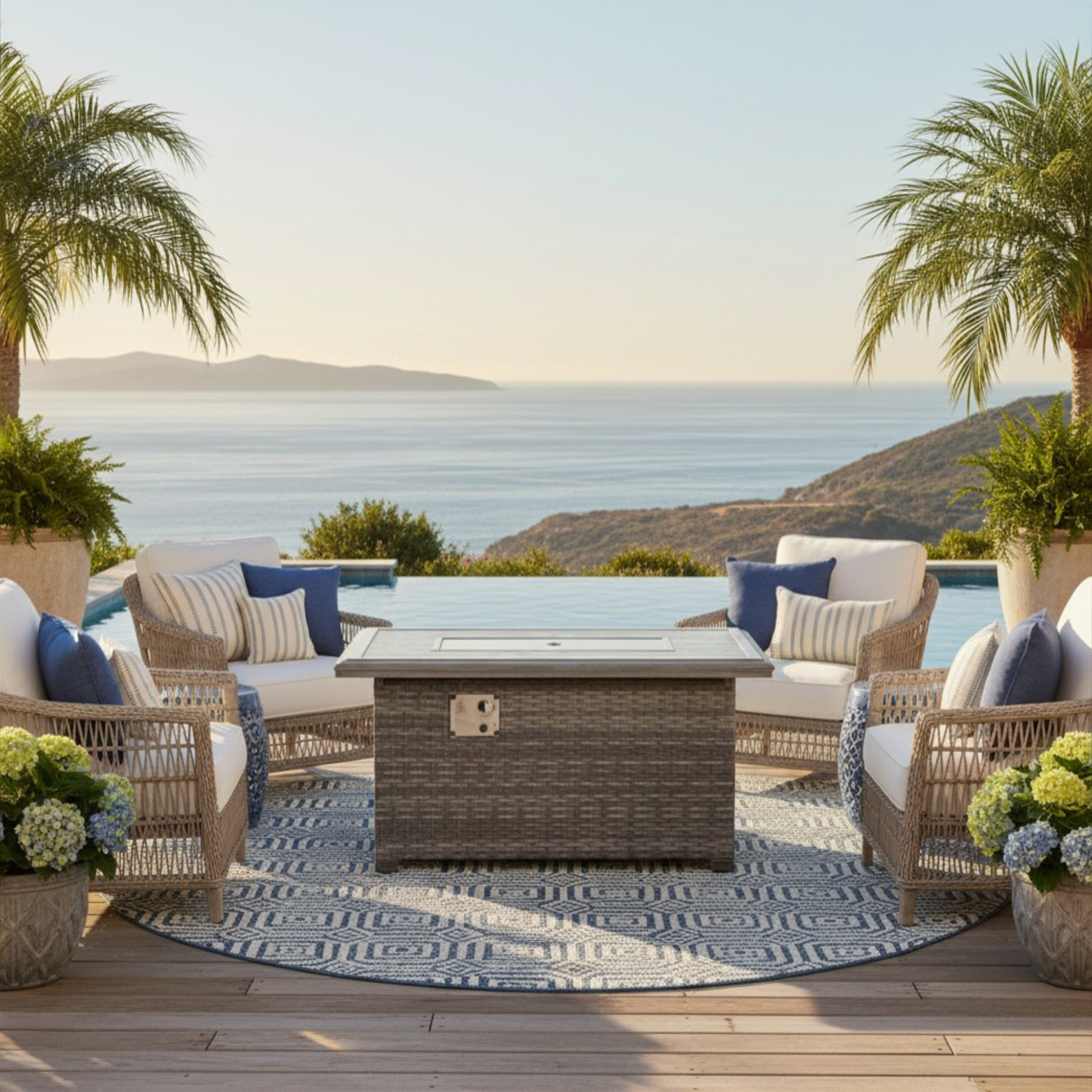 The Tenaya Wicker Rattan Rectangular Outdoor Luxury Firepit Table