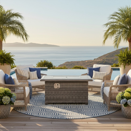 The Tenaya Wicker Rattan Rectangular Outdoor Luxury Firepit Table