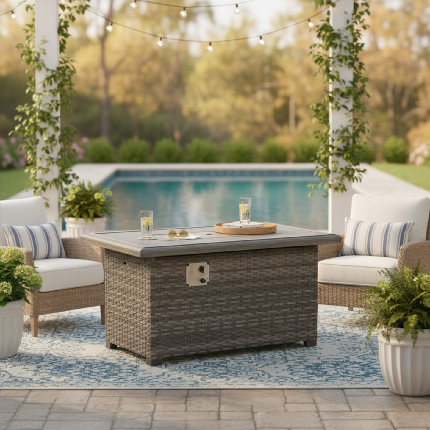 The Tenaya Wicker Rattan Rectangular Outdoor Luxury Firepit Table