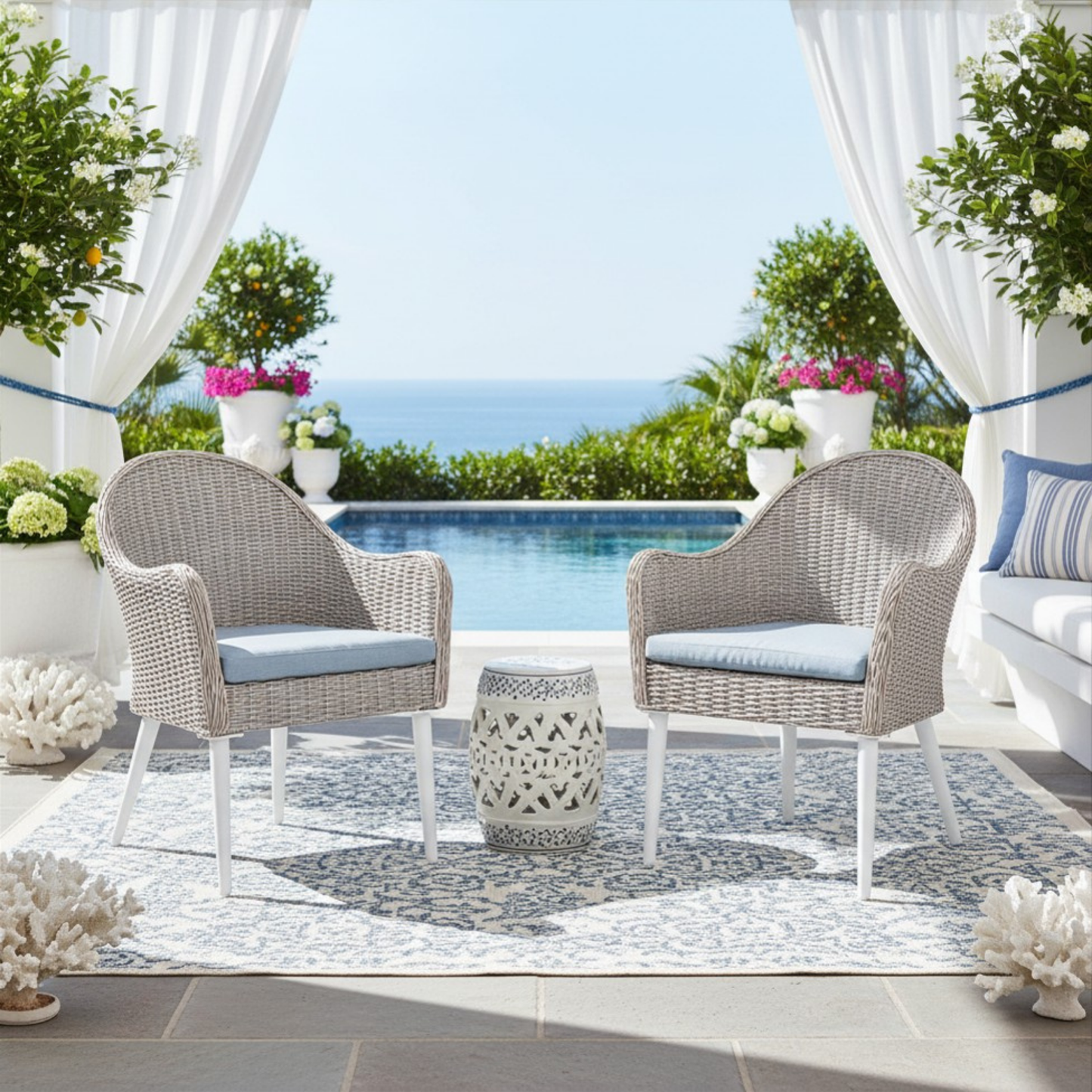 The Allux Wicker Rattan Outdoor Luxury Dining Chairs with Upholstered Cushions - Set of 2