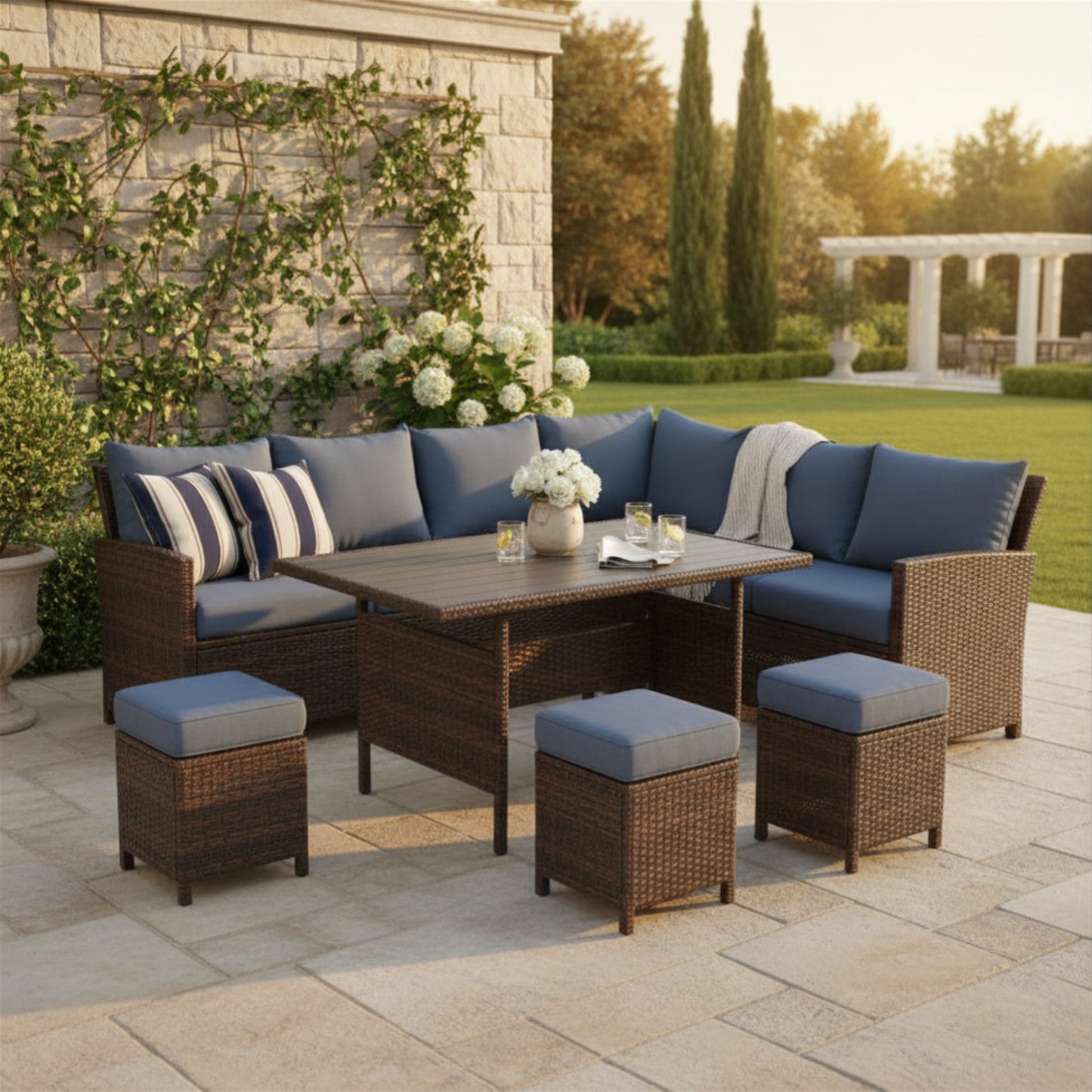 7-Piece Outdoor Patio Dining Set with Modular Sectional Sofa & Storage Coffee Table