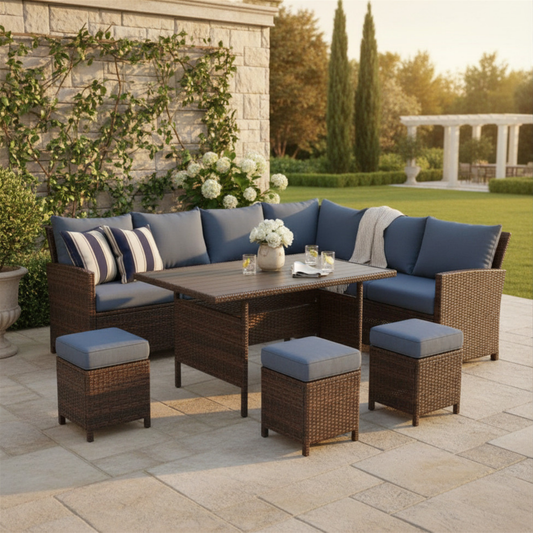 7-Piece Outdoor Patio Dining Set with Modular Sectional Sofa & Storage Coffee Table