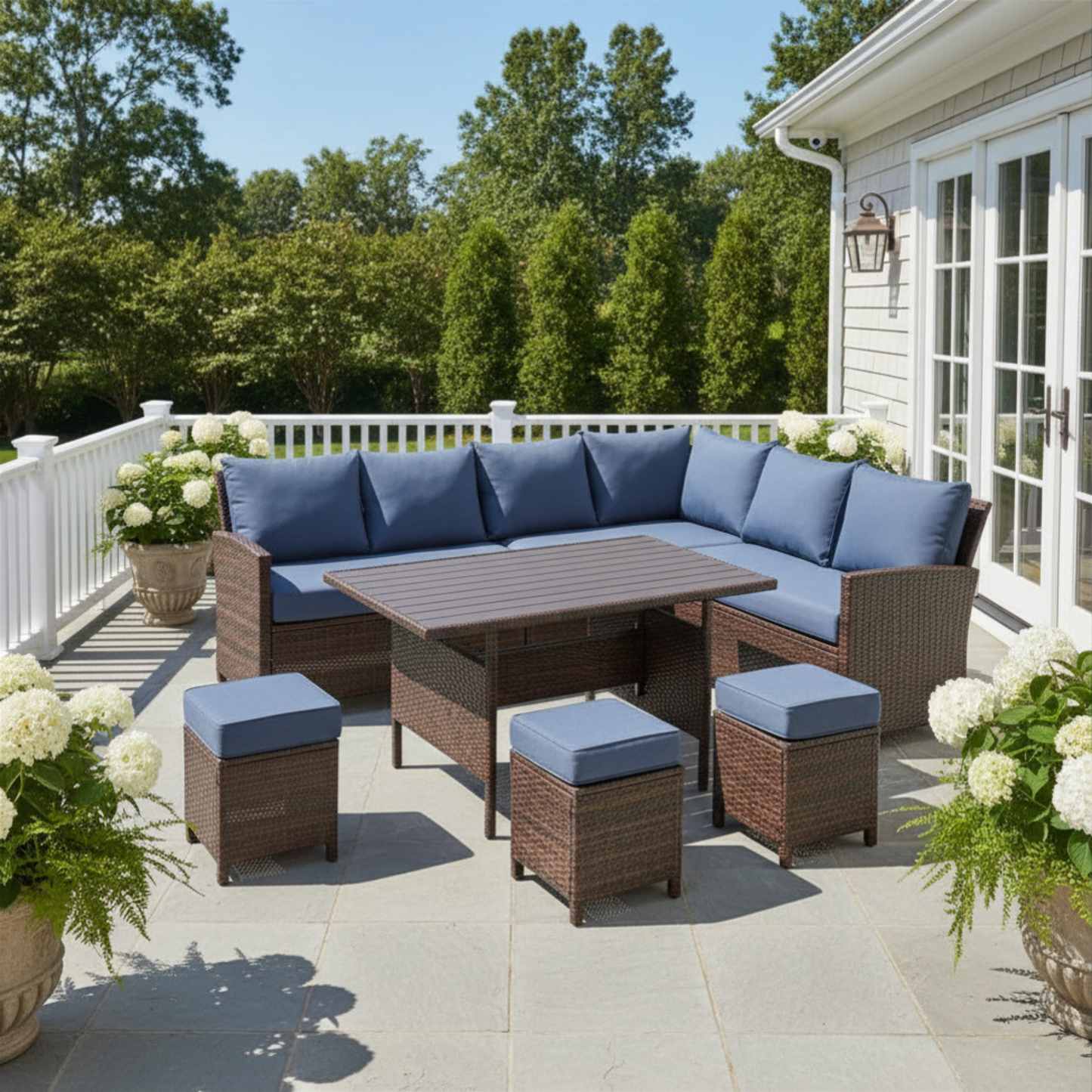 7-Piece Outdoor Patio Dining Set with Modular Sectional Sofa & Storage Coffee Table