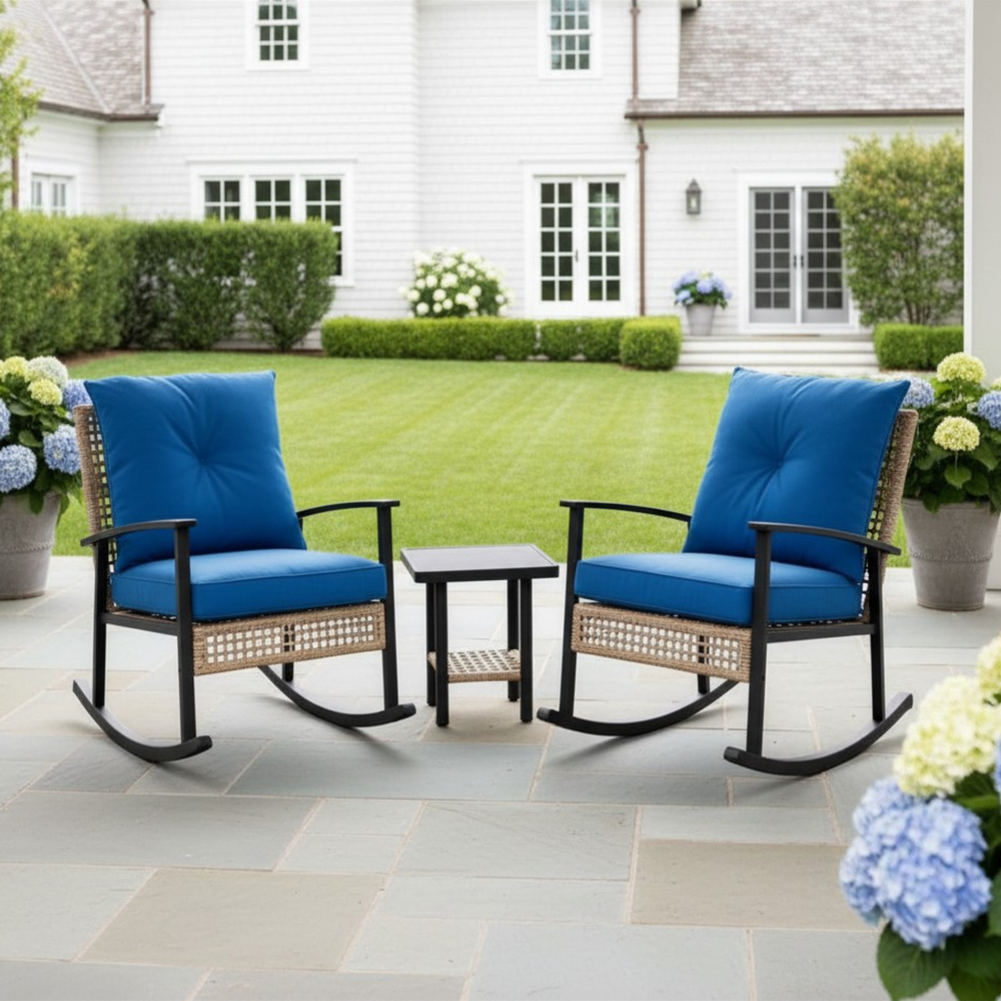 Patio Set Rocking Rattan Chairs Table Button Tufted Cushions Weather Resistant
