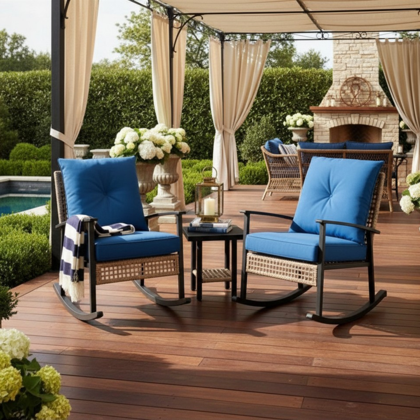 Patio Set Rocking Rattan Chairs Table Button Tufted Cushions Weather Resistant