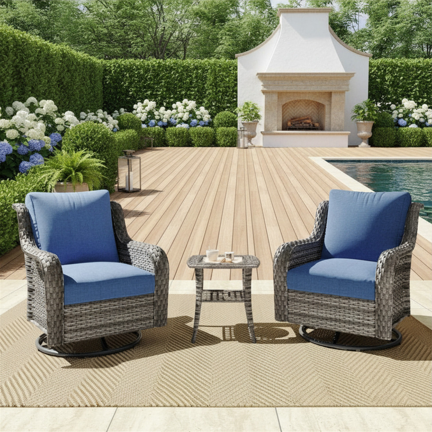 Outdoor Wicker Rattan Swivel Chairs Set of 2 with Side Table