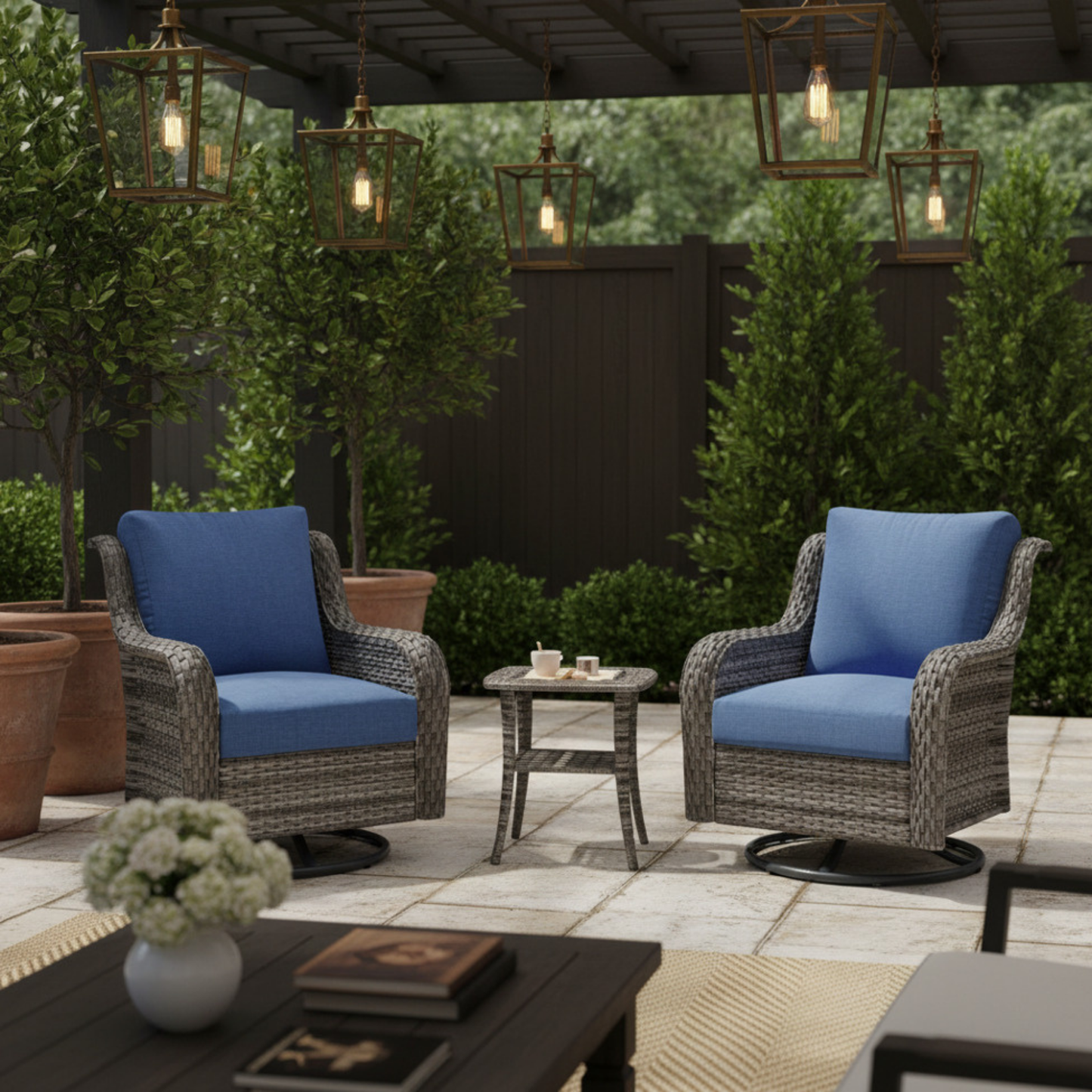 Outdoor Wicker Rattan Swivel Chairs Set of 2 with Side Table