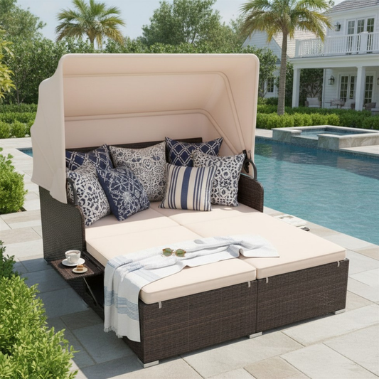 Outdoor Patio Rattan Daybed with Retractable Canopy and Side Tables