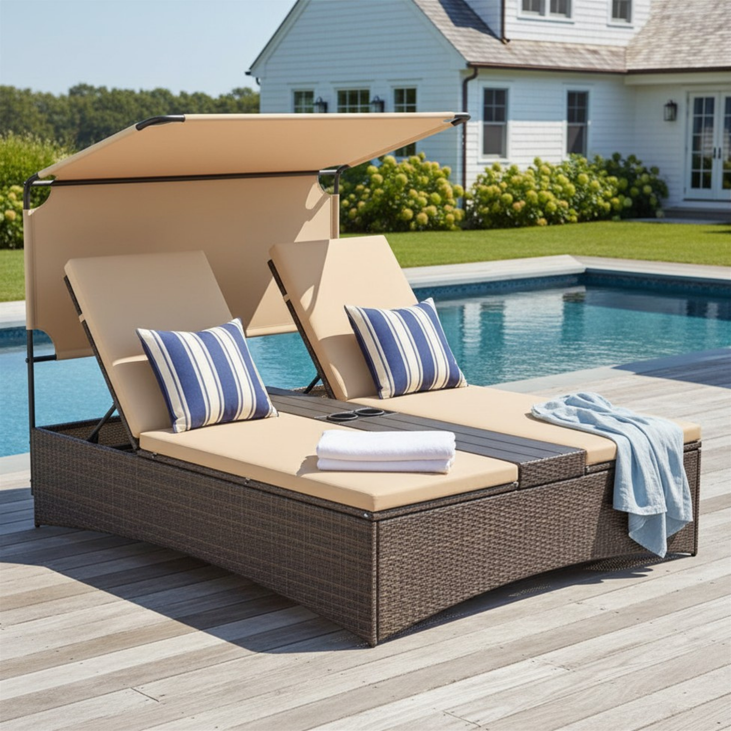 Luxury Poolside Double Lounger with Adjustable Recline & Canopy