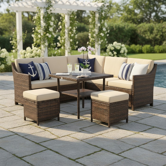 Luxury Outdoor Retreat Dining Set with Ottomans