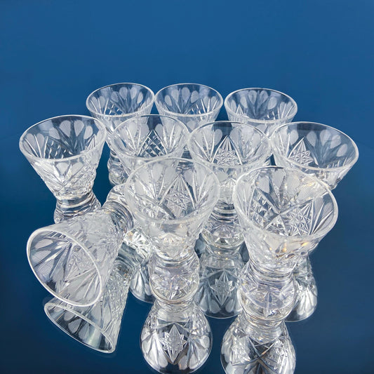 Vintage Bohemian Crystal Clear Shot Glasses. Set of 10 Stemware. Gift for Dad. Fine Barware. Dining Room Decor. Collectible Glass.