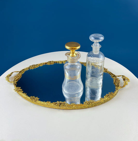 Vintage Gold Dresser Vanity Mirrored Tray. Rich Gilded Metal Tea Rose Oval Frame. Chic Bedroom Bath Perfume Display. Wall Hanging.