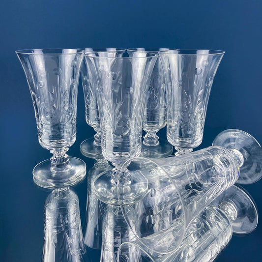 Vintage Heisey Danish Princess Cut Crystal Stemmed Tumblers. Set of 7 Glasses. Wedding Gift. Housewarming. Dining Room Table Decor.