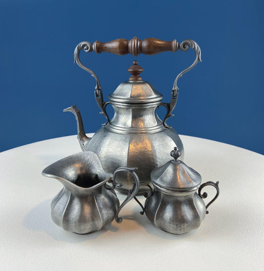 Vintage Italian Pewter Coffee Tea Set. Elegant Curvillinear Silhouette with Wood Handle. Set of 3: Pot Creamer Sugar Jar. Dining Room Decor.