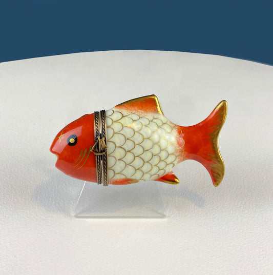 Vintage Koi Limoges Box with Sail Boat Clasp. Highly Collectible Porcelain Pill or Trinket Box. Vintage Gift for Her.