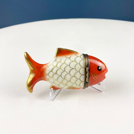 Vintage Koi Limoges Box with Sail Boat Clasp. Highly Collectible Porcelain Pill or Trinket Box. Vintage Gift for Her.