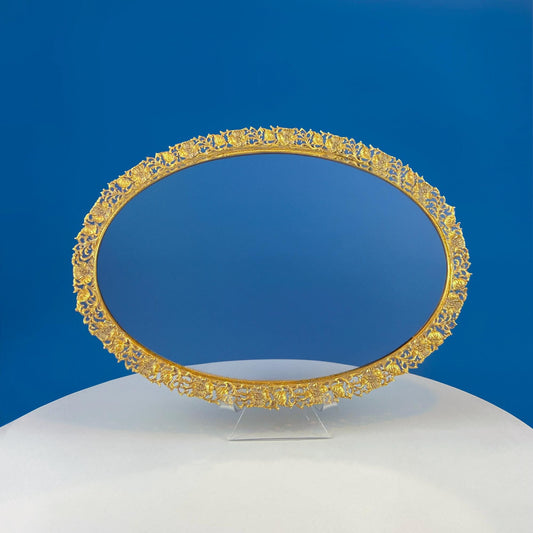 Vintage Large Gold Dresser Vanity Mirror Tray. Rich Gilded Metal Tea Rose Oval Frame. Chic Bedroom Bath Perfume Display. Wall Hanging.