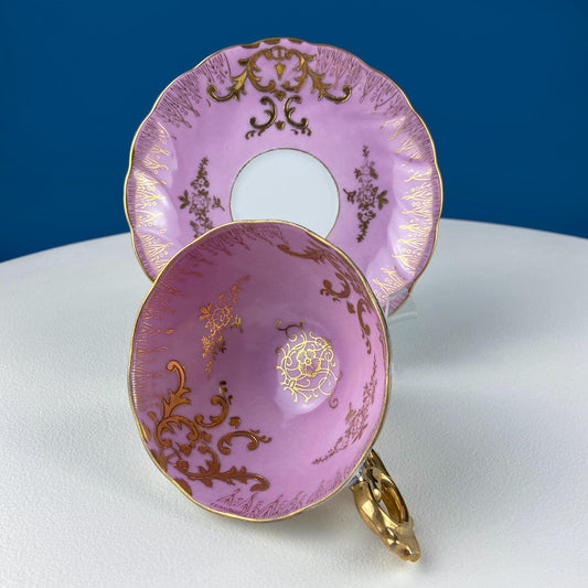 Vintage Pink Tea Cups and Saucers with  Gold Accents. Set of 2 Cups. Different Motifs. Hand Painted Fruit. Gift for Couple. Tea Lovers.