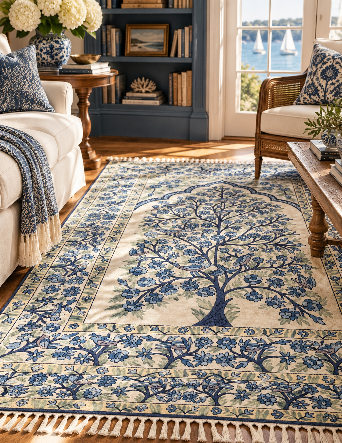 A large rectangular area rug with a blue tree motif and floral border on a cream background, styled in a bright living room with a sofa, chair, coffee table, and window view.