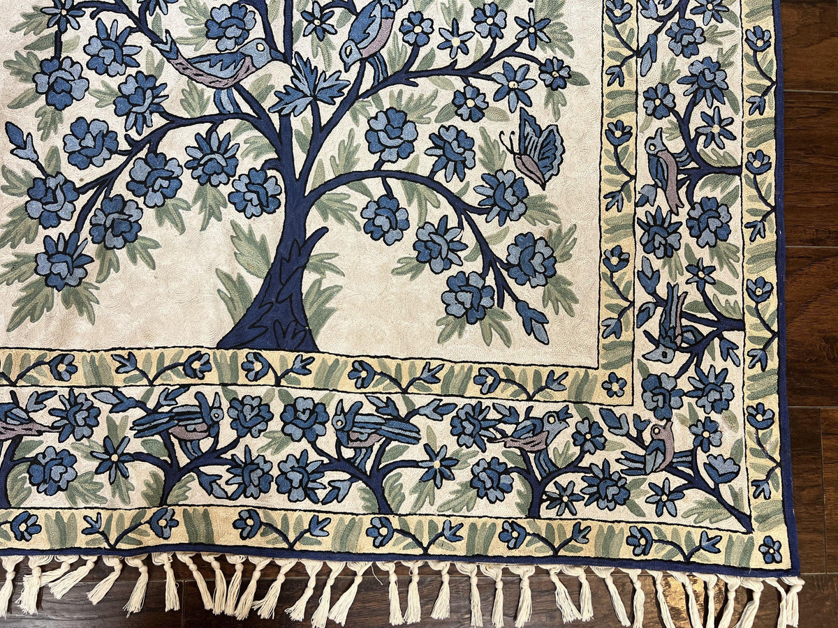Decorative tapestry with floral and bird patterns on a wooden floor.