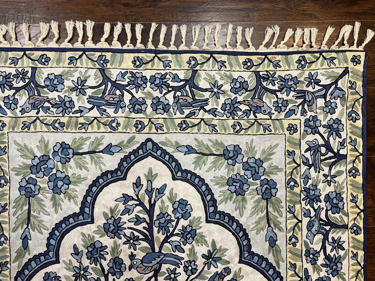 Decorative rug with floral and geometric patterns on a wooden floor.