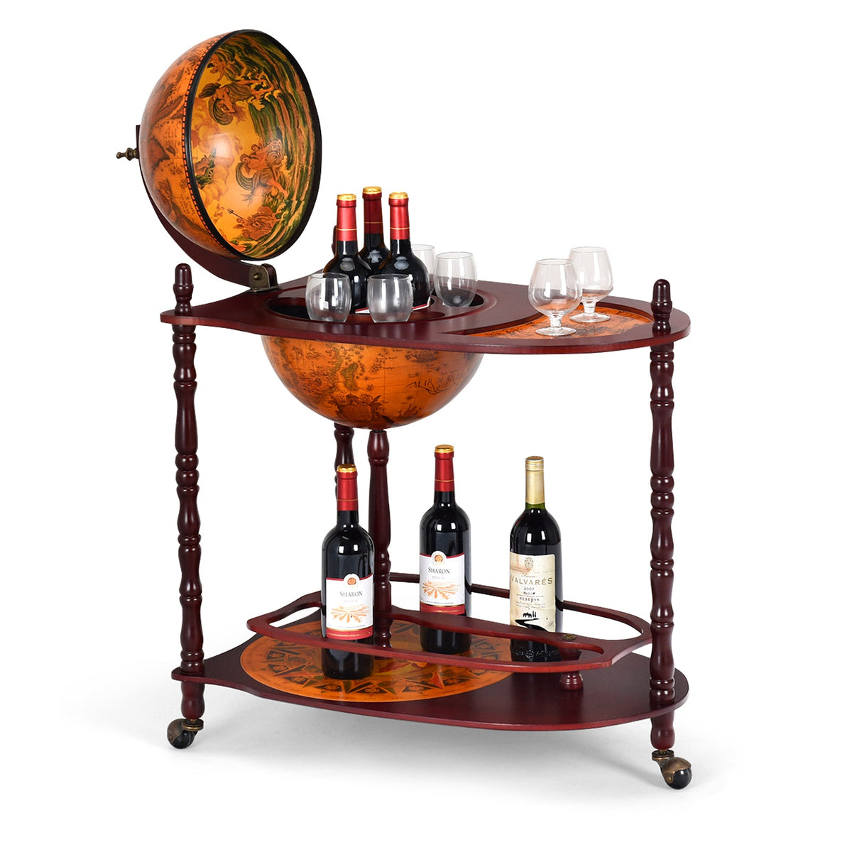 Globe-shaped bar with wine bottles and glasses on a white background
