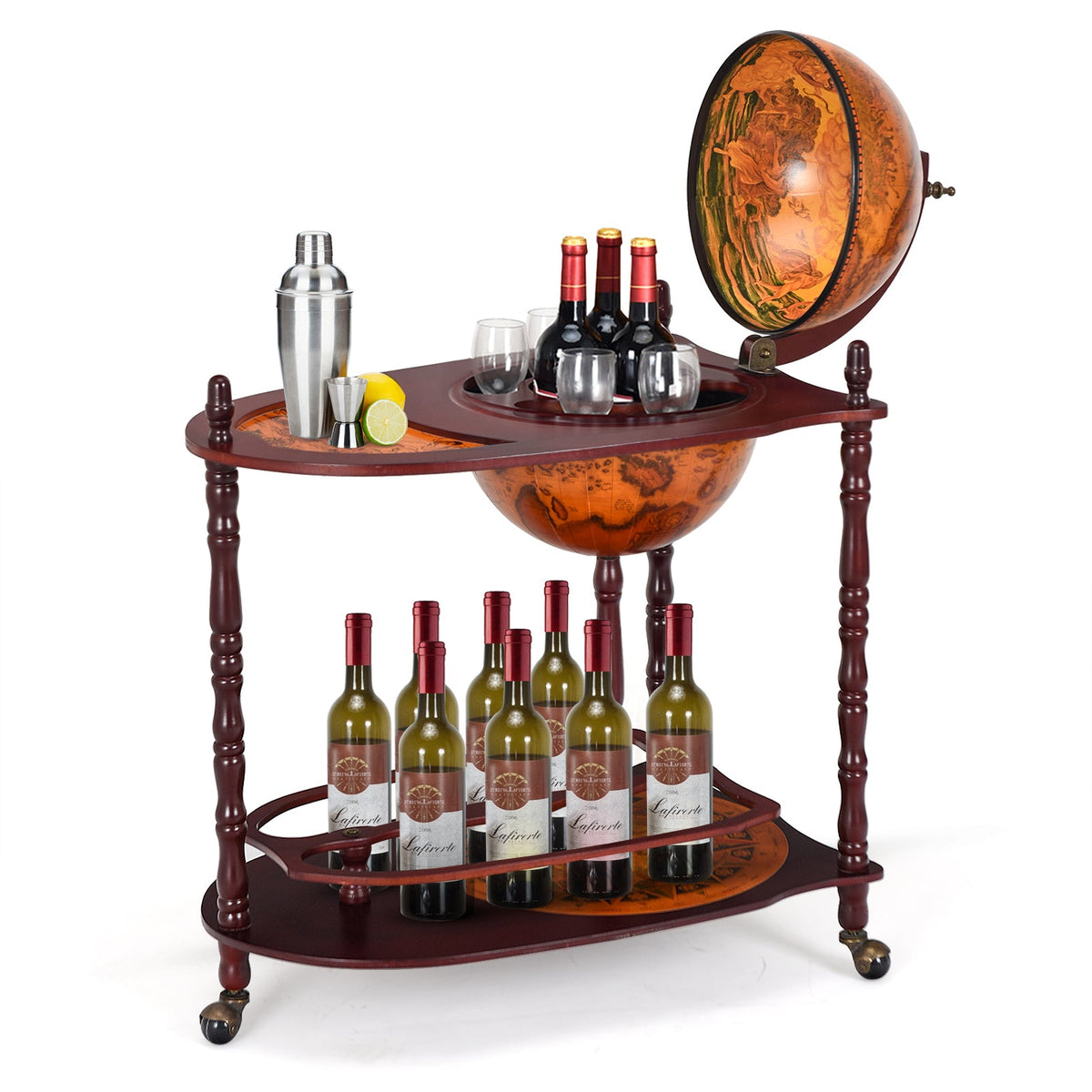 Globe-shaped bar cart with wine bottles and glasses on a white background