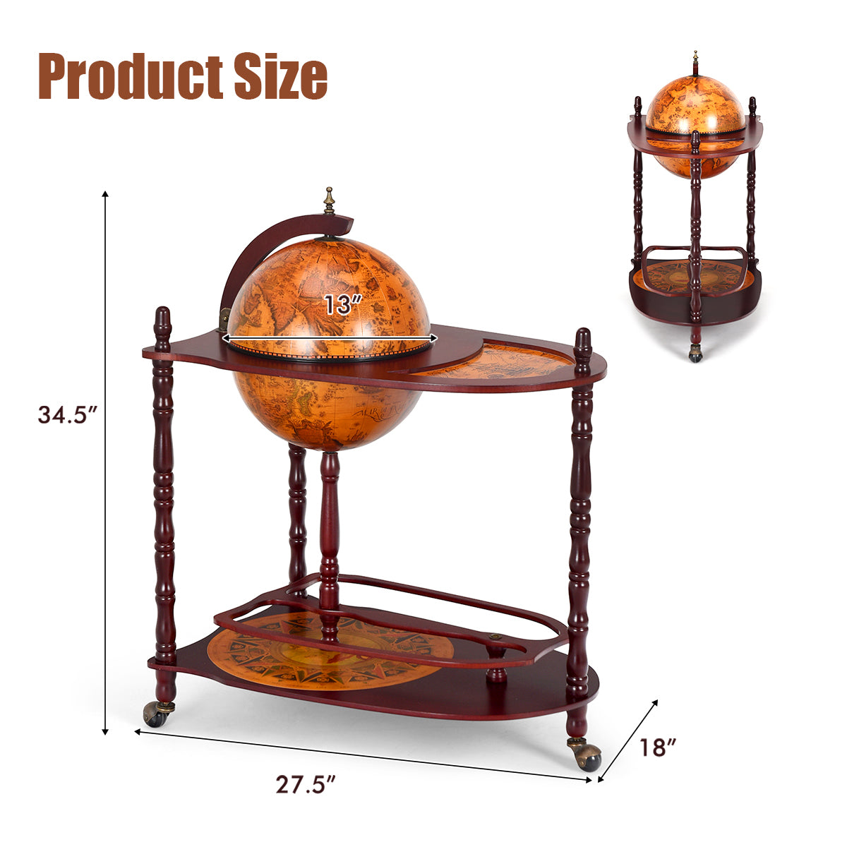 Wooden globe with stand and measurements on a white background