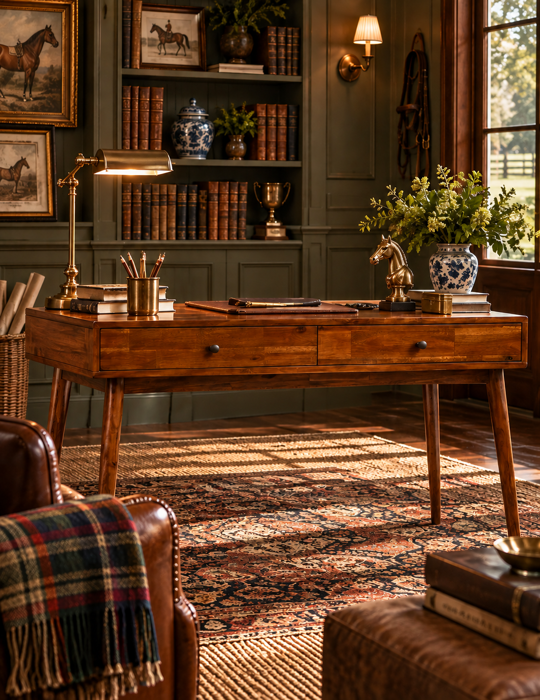 A rustic wooden writing desk in a cozy, vintage-styled home office. The desk features a medium brown finish, two drawers with dark metal knobs, and four tapered legs.