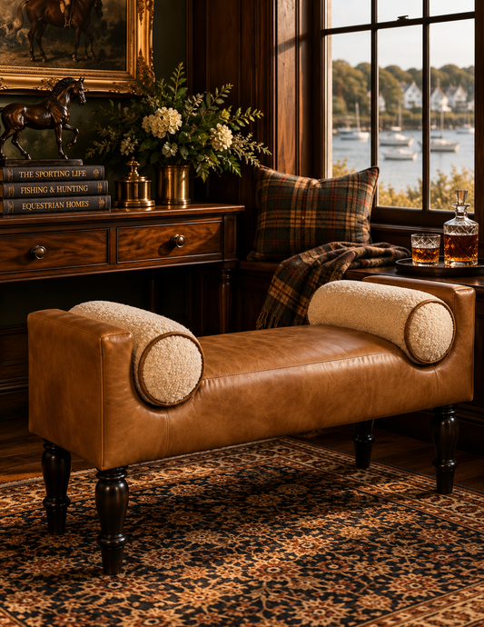 Chester Buffalo Leather Bench with Bouclé Bolsters