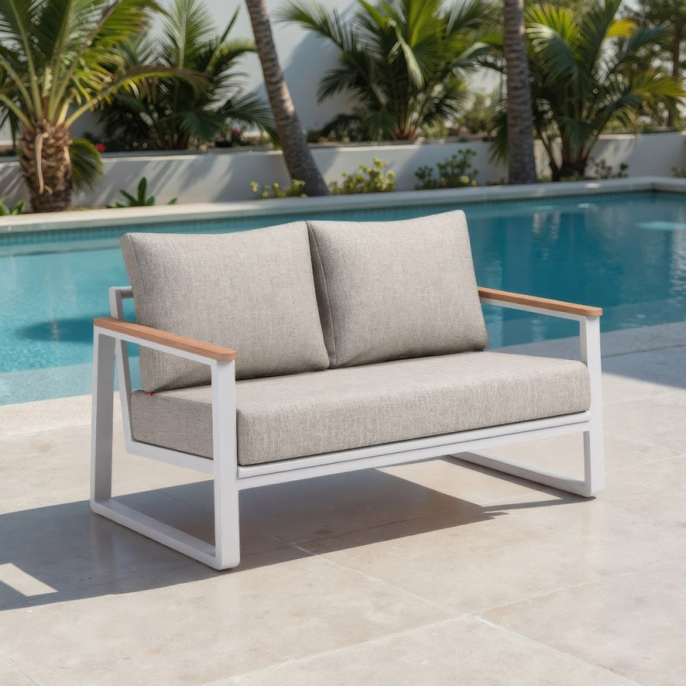 The Welt Olefin Taupe & White Outdoor Luxury Upholstered Fabric Sofa