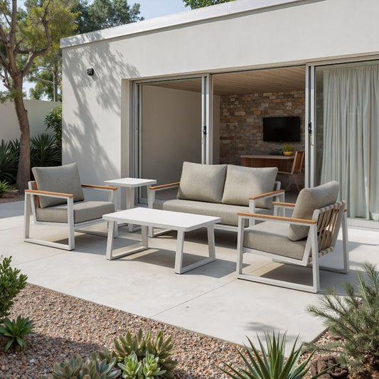 The Welt Olefin Taupe & White Outdoor Luxury Upholstered Fabric Sofa