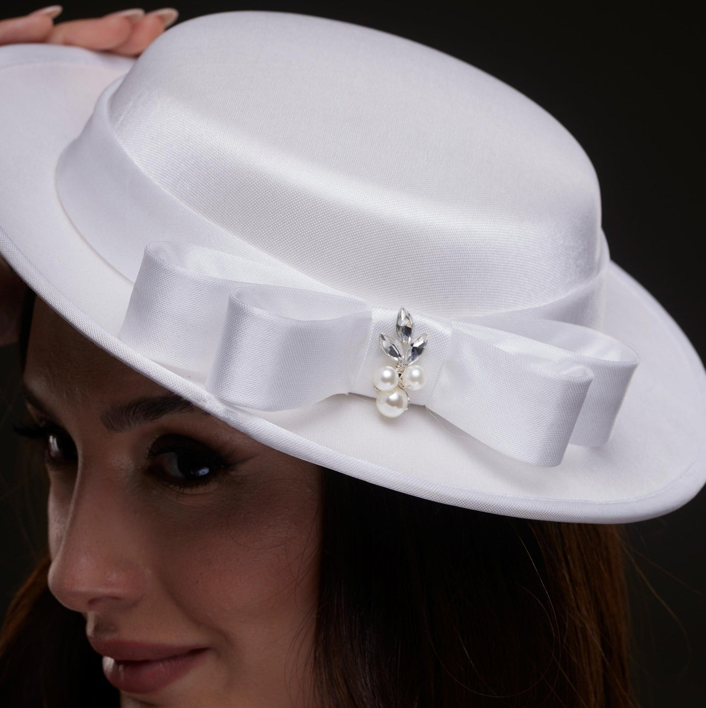 White Satin Hat with Bow and Pearls