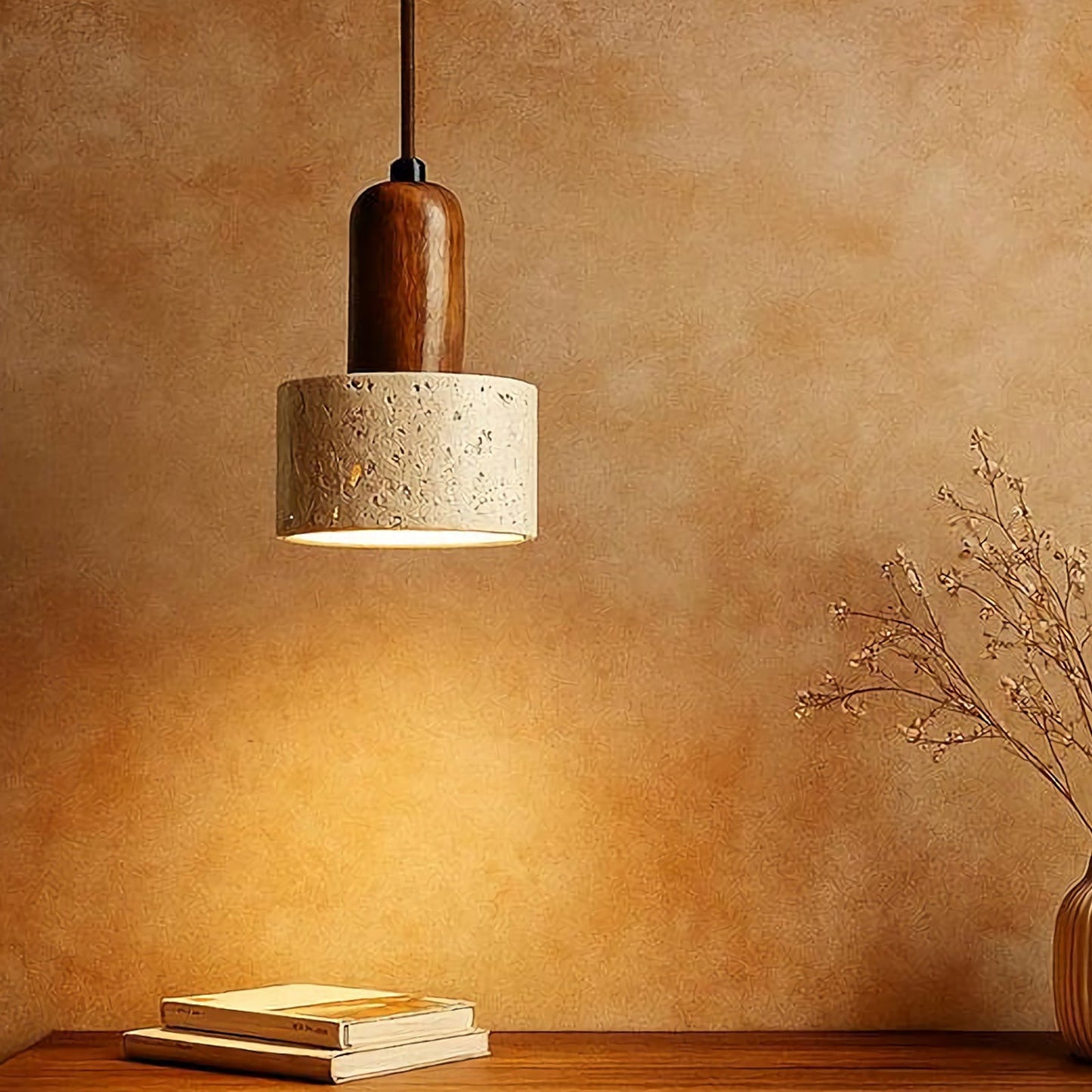 Vintage Round Travertine Wood Pendant Light