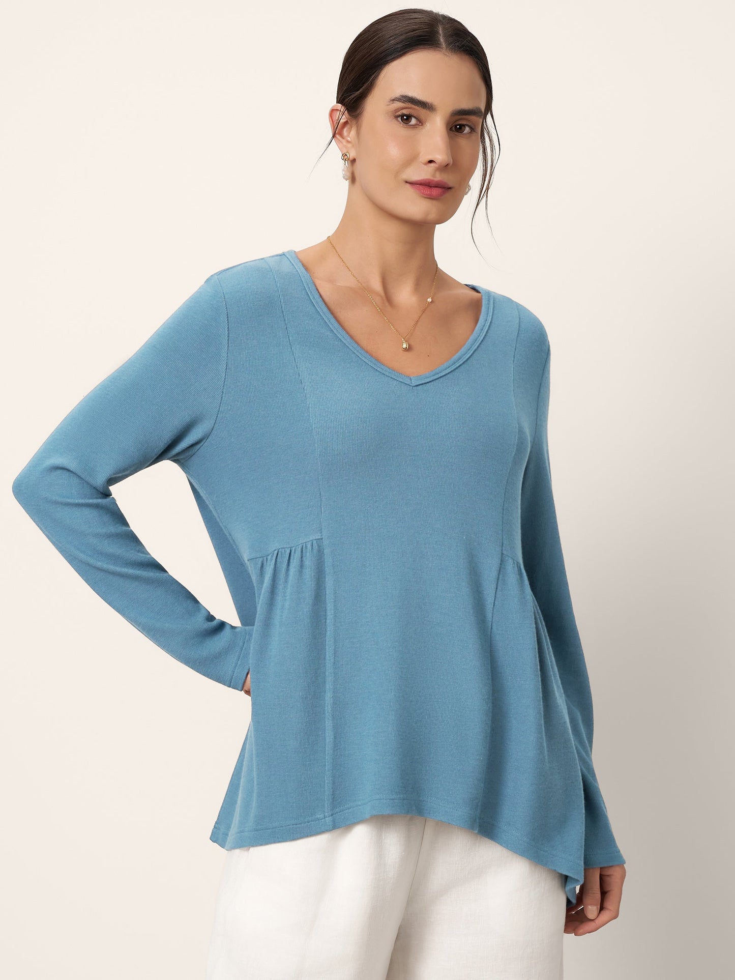 Wool-Blend Sweetheart Pleated Long Sleeve Top AMBER