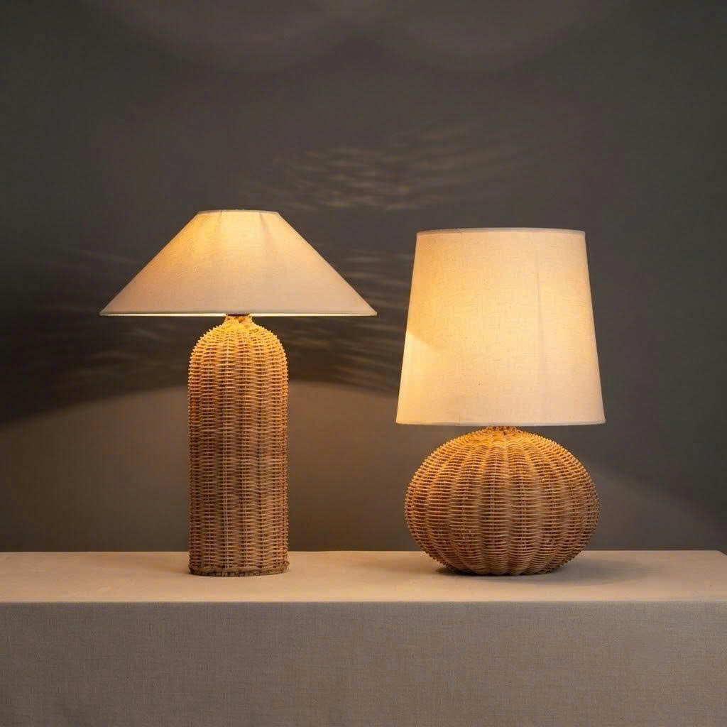 Handwoven Rattan Table Lamp with Linen Shade