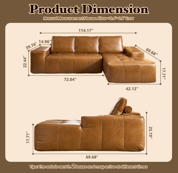Sectional Sofa L-Shape Faux Leather Brown 3 Seat with Chaise 114 In