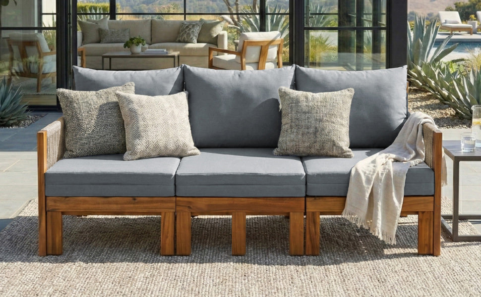 Chaise Lounge Acacia Wood Rope Natural Gray Cushion Convertible 3 Seat