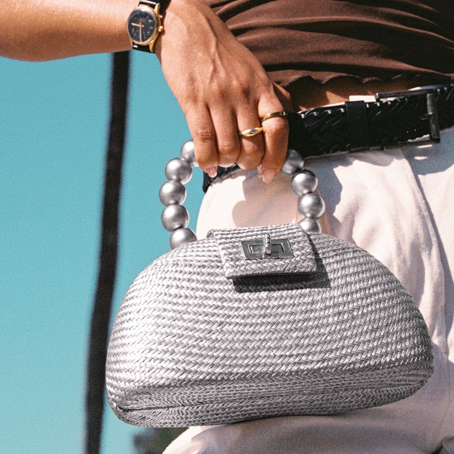 THE ORLA Silver Woven Straw & Wooden Bead Statement Clutch Bag
